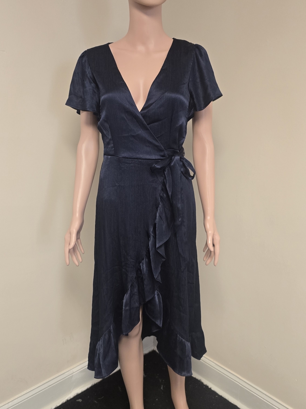 Francesca's Collections Navy Wrap Midi Dress with Ruffle Trim